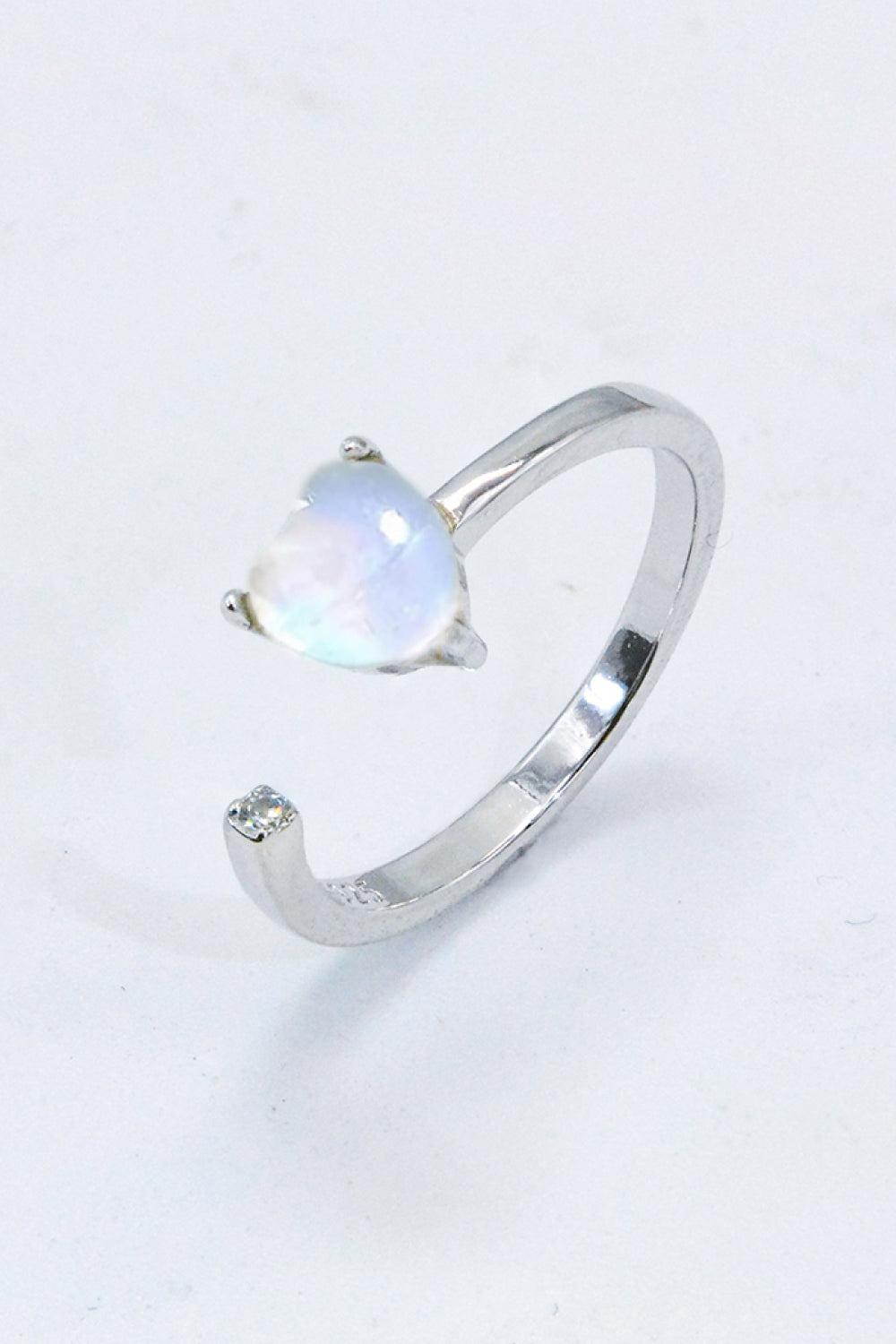 Inlaid Moonstone Heart Adjustable Open Ring BLUE ZONE PLANET