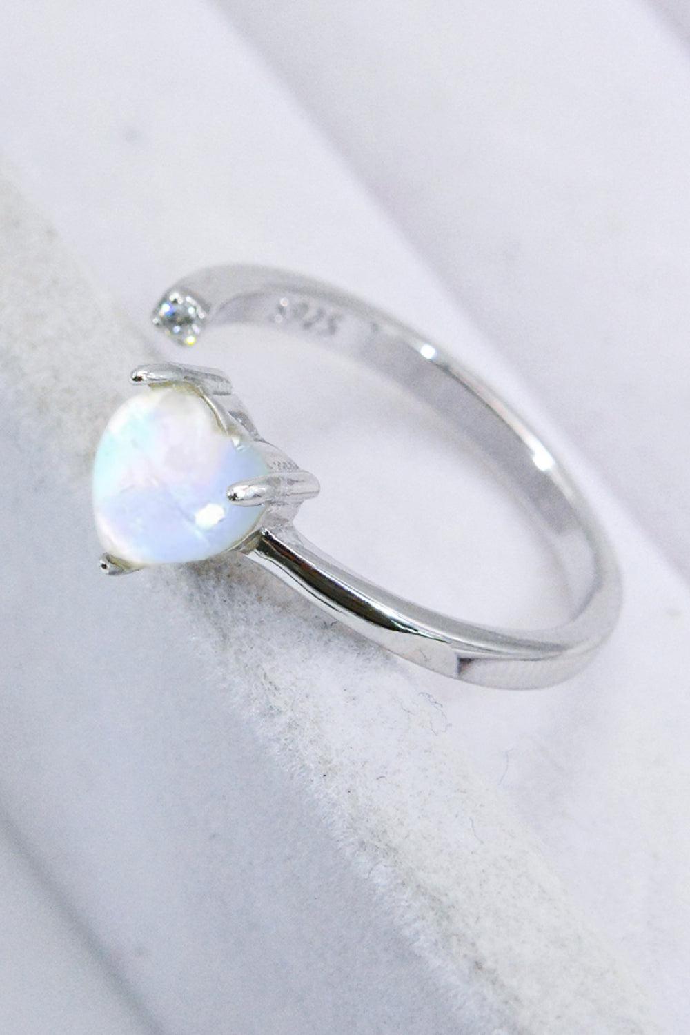 Inlaid Moonstone Heart Adjustable Open Ring BLUE ZONE PLANET