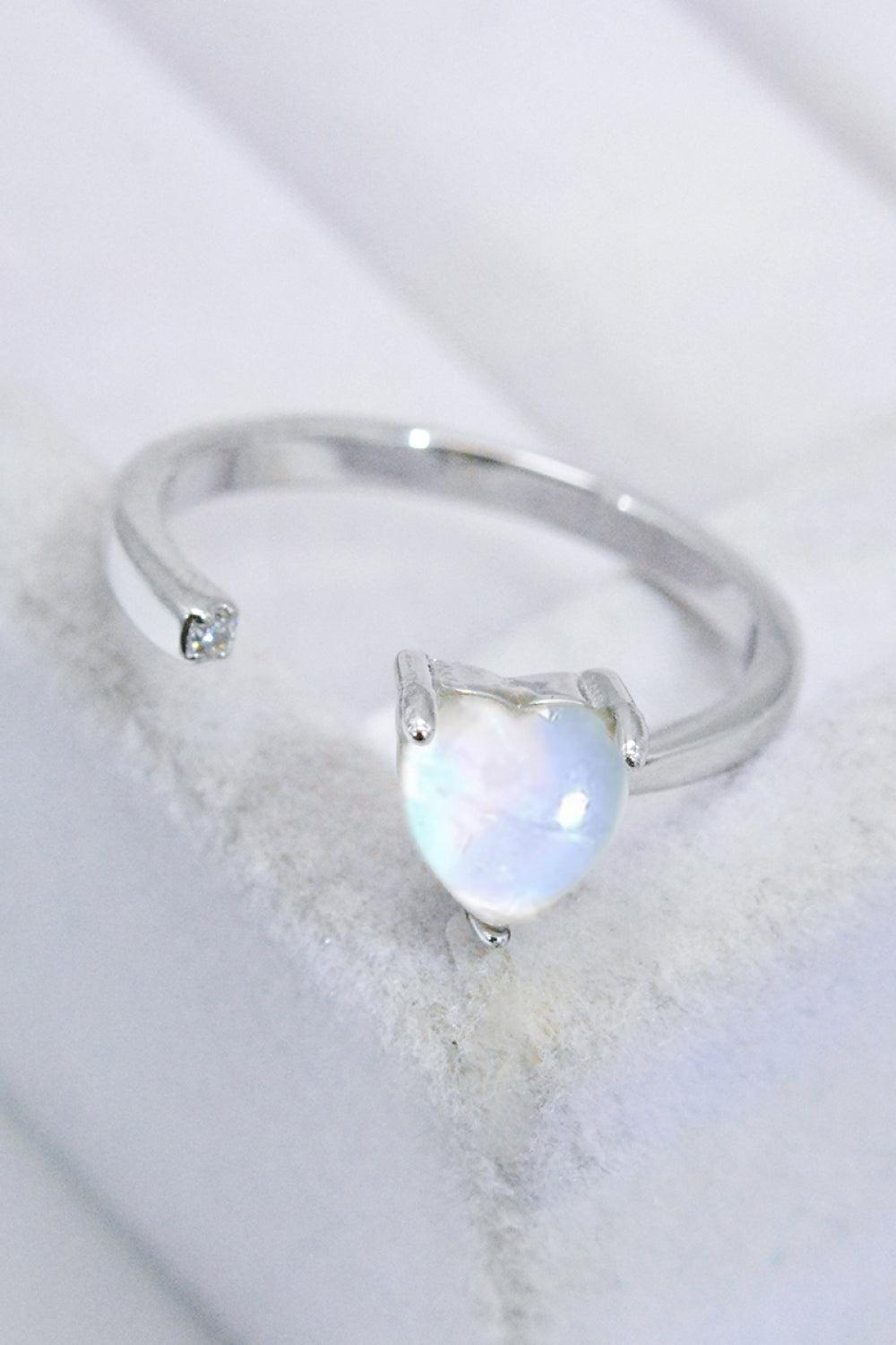 Inlaid Moonstone Heart Adjustable Open Ring BLUE ZONE PLANET