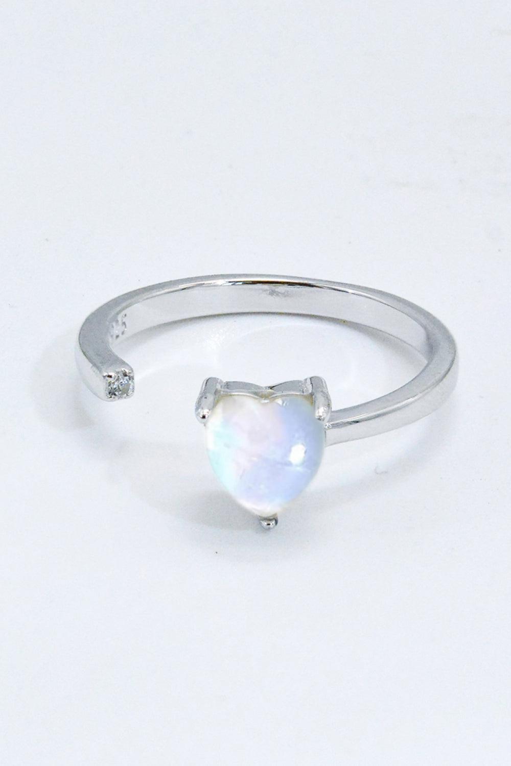 Inlaid Moonstone Heart Adjustable Open Ring BLUE ZONE PLANET