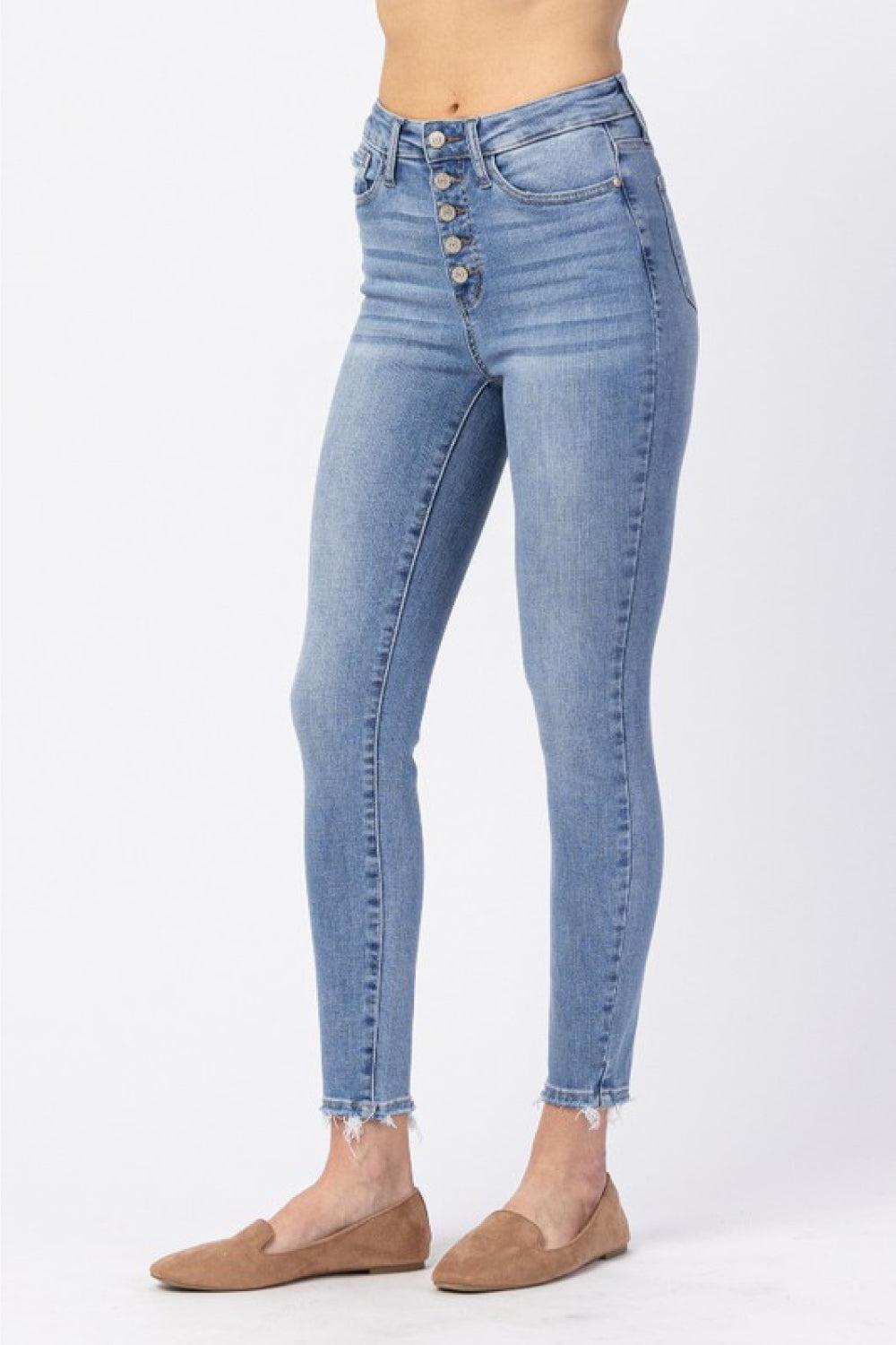 Judy Blue Full Size Button Fly Raw Hem Jeans-TOPS / DRESSES-[Adult]-[Female]-2022 Online Blue Zone Planet