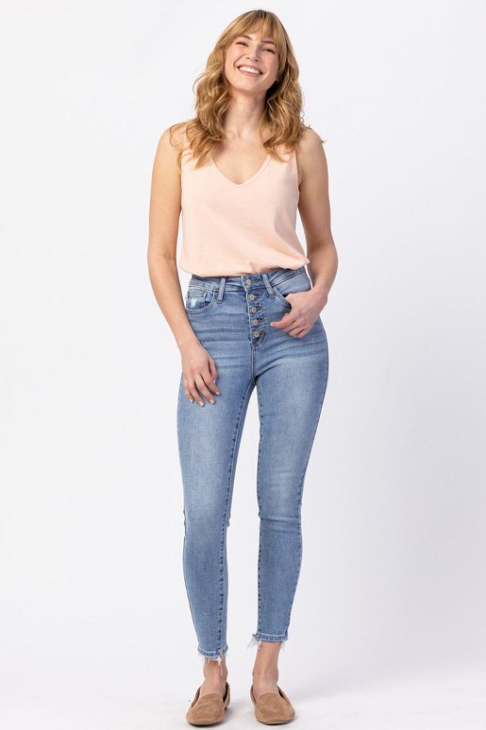Judy Blue Full Size Button Fly Raw Hem Jeans-TOPS / DRESSES-[Adult]-[Female]-2022 Online Blue Zone Planet
