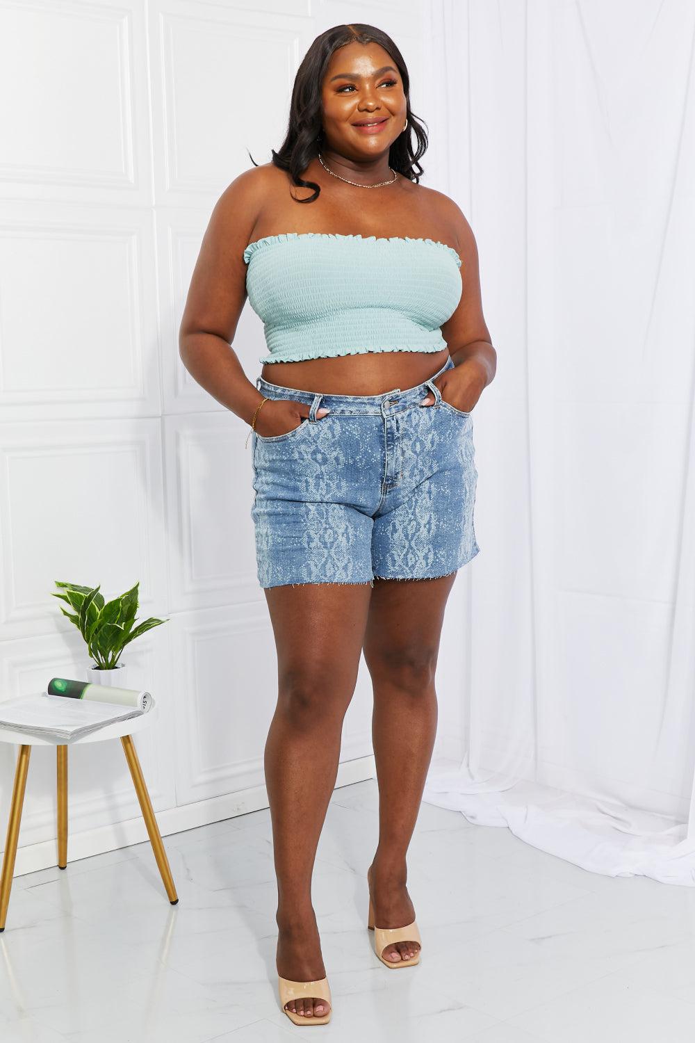 Judy Blue Full Size Lynda Snakeskin Cutoff Shorts BLUE ZONE PLANET