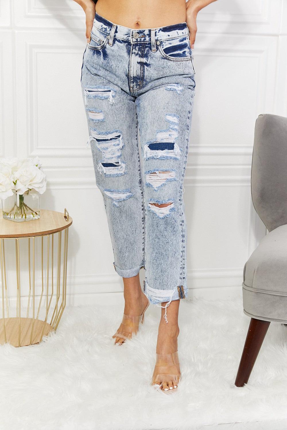 Kancan Kendra High Rise Distressed Straight Jeans BLUE ZONE PLANET