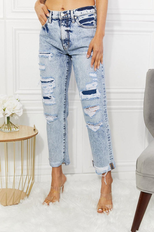 Kancan Kendra High Rise Distressed Straight Jeans BLUE ZONE PLANET