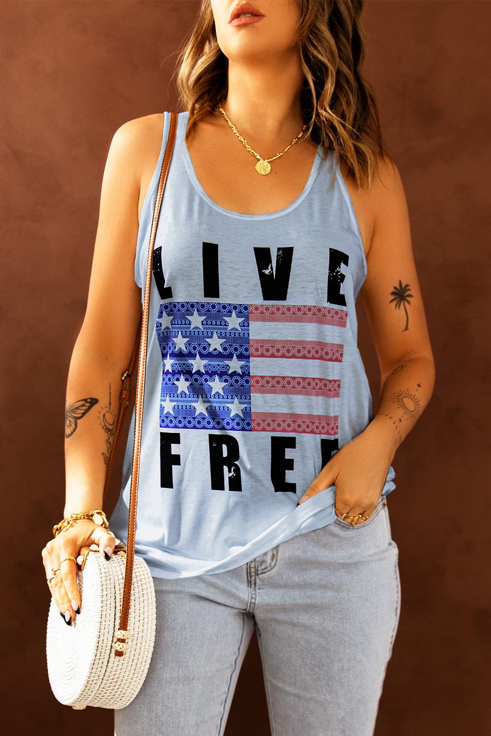 LIVE FREE Stars and Stripes Graphic Tank-TOPS / DRESSES-[Adult]-[Female]-Blue Zone Planet