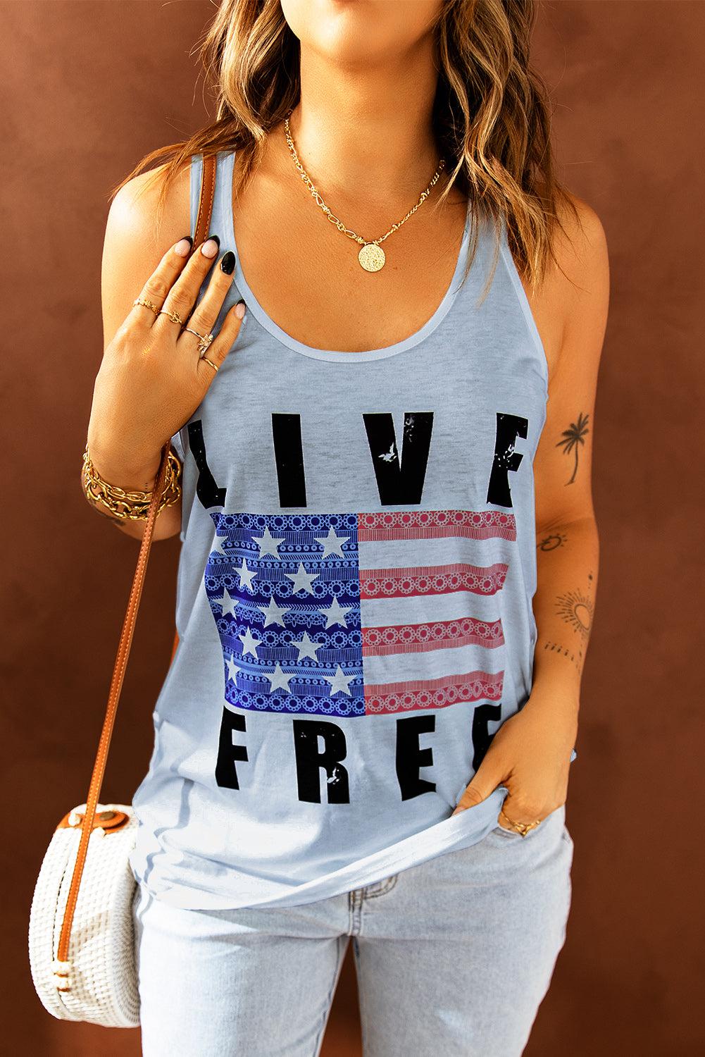 LIVE FREE Stars and Stripes Graphic Tank-TOPS / DRESSES-[Adult]-[Female]-Gray-S-Blue Zone Planet