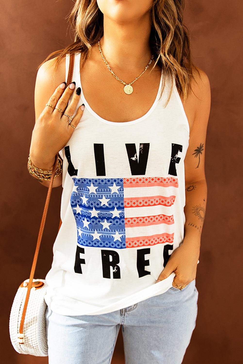LIVE FREE Stars and Stripes Graphic Tank-TOPS / DRESSES-[Adult]-[Female]-White-S-Blue Zone Planet