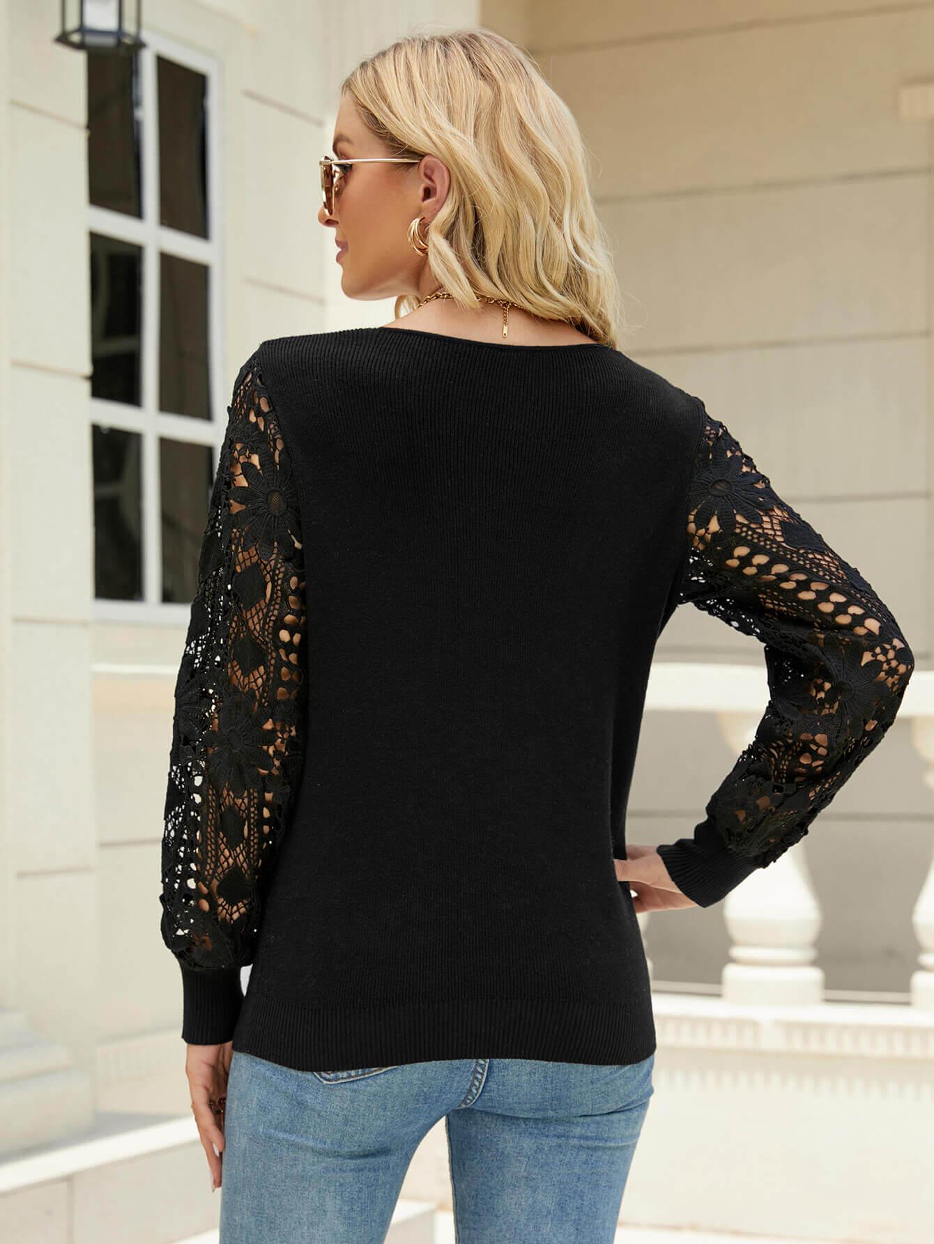 Lace Sleeve Ribbed Trim V-Neck Sweater BLUE ZONE PLANET