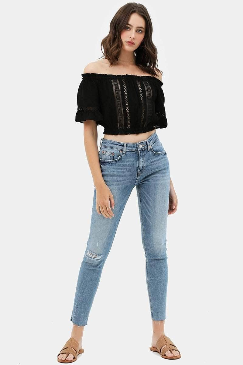 Lace Trim On The Front And Sleeves, Waist Band Cropped Top Blue Zone Planet