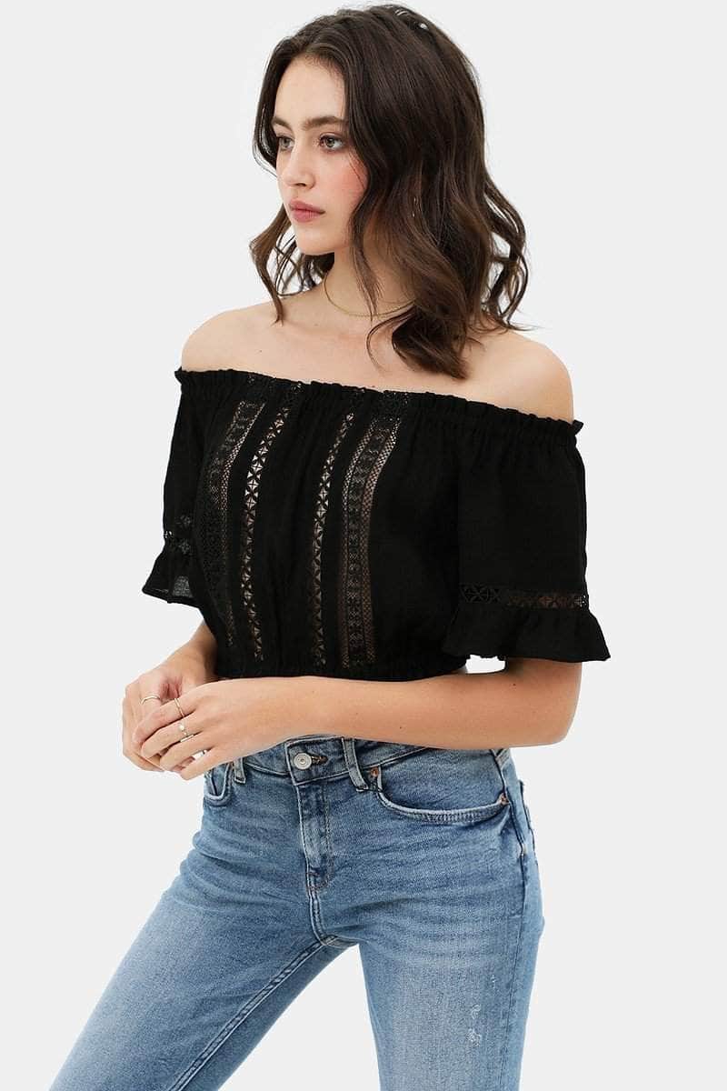 Lace Trim On The Front And Sleeves, Waist Band Cropped Top Blue Zone Planet