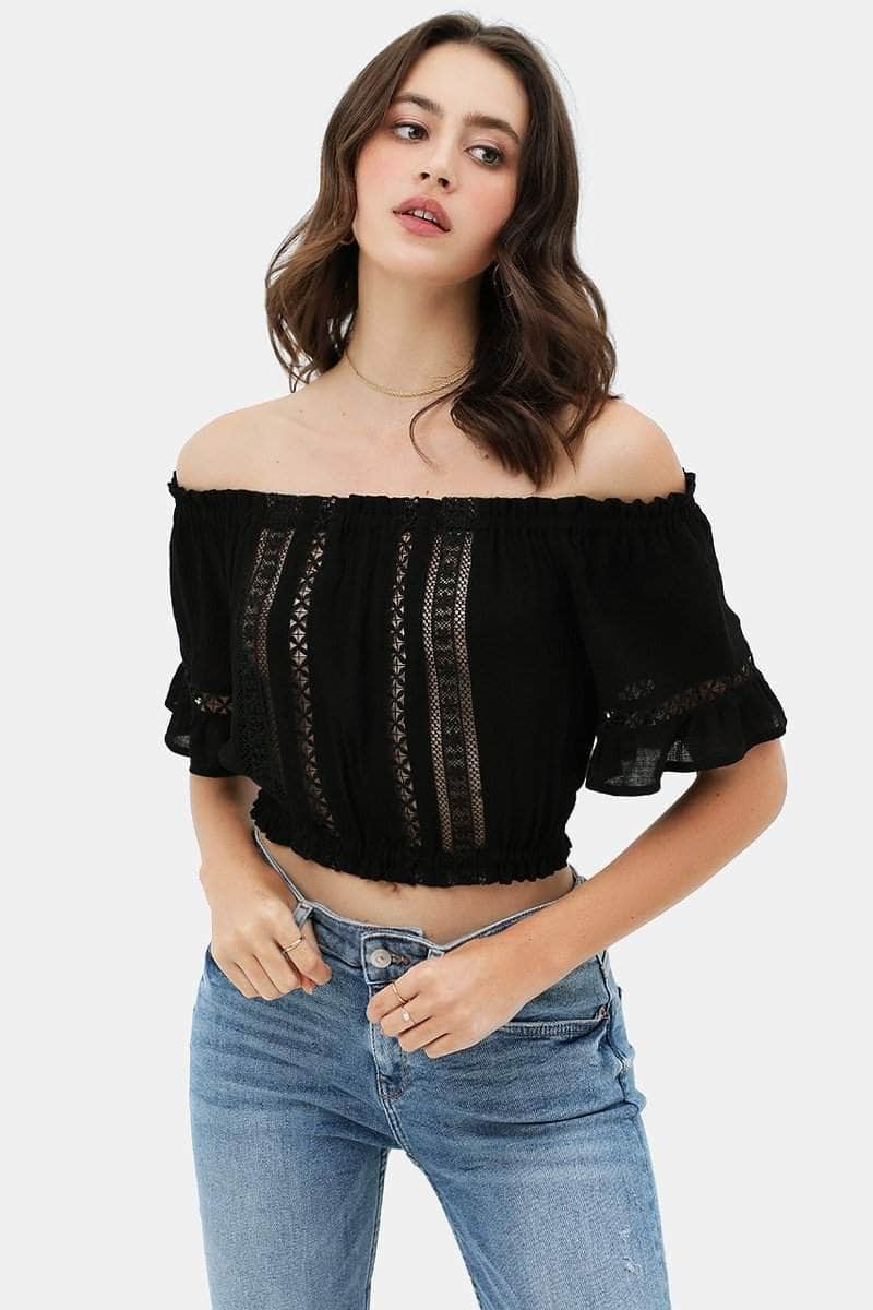 Lace Trim On The Front And Sleeves, Waist Band Cropped Top Blue Zone Planet