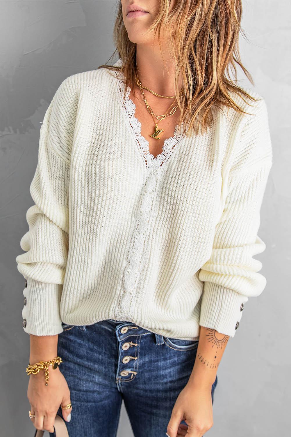 Lace Trim V-Neck Button Cuff Rib-Knit Sweater-TOPS / DRESSES-[Adult]-[Female]-White-S-2022 Online Blue Zone Planet