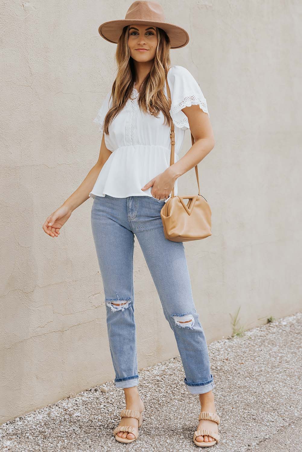 Lace Trim V-Neck Tied Peplum Blouse BLUE ZONE PLANET