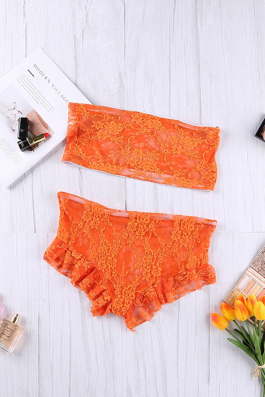 Lace Tube Top and Frill Trim Panty Lingerie Set-TOPS / DRESSES-[Adult]-[Female]-Orange-S-Blue Zone Planet