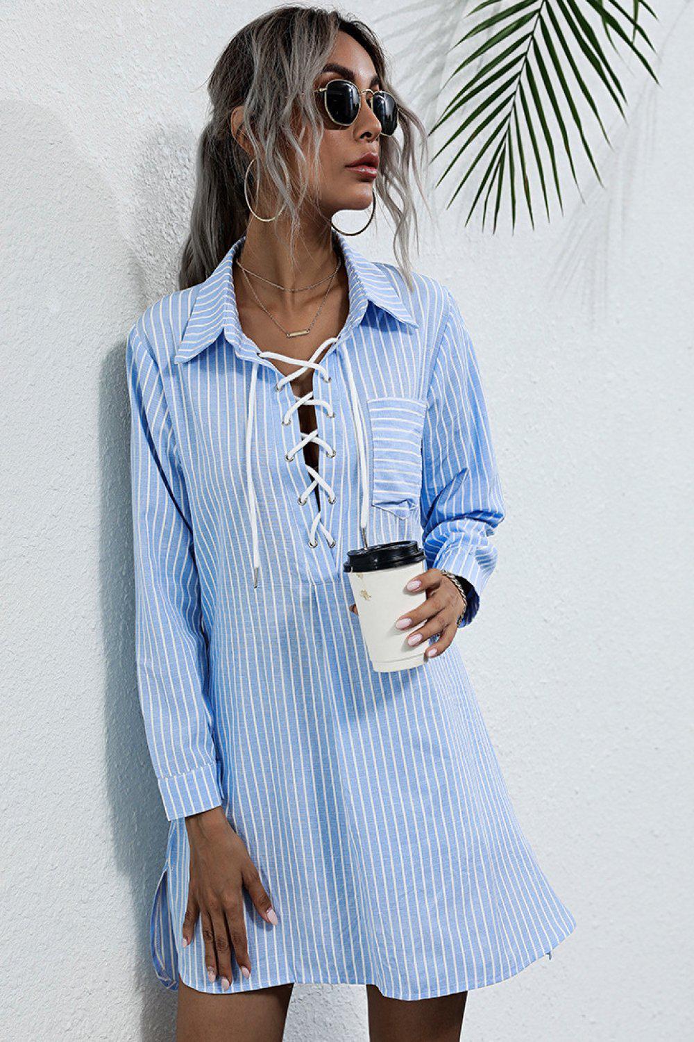 Lace Up Collar Shirt Dress BLUE ZONE PLANET