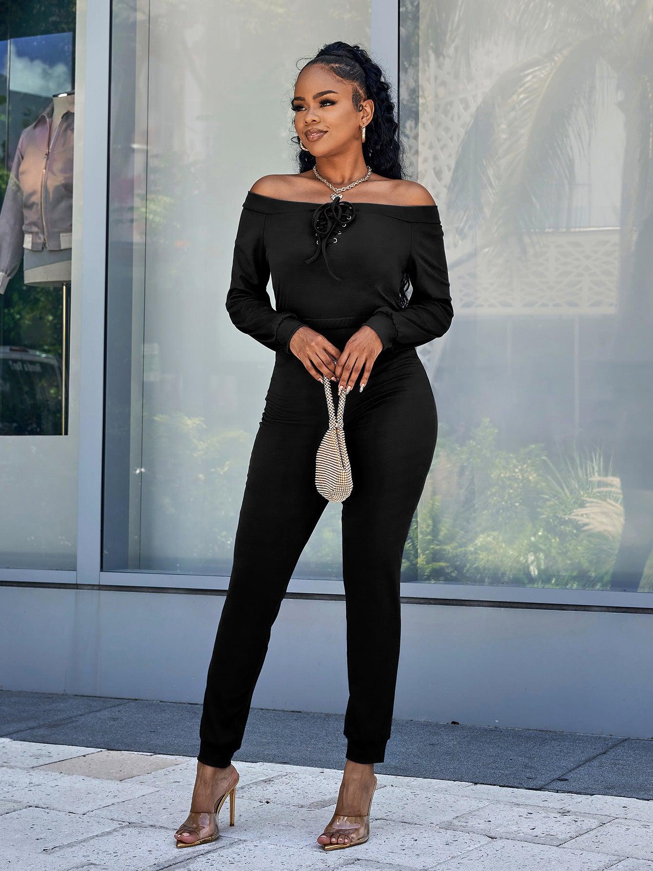 Lace-Up Off-Shoulder Long Sleeve Jumpsuit BLUE ZONE PLANET