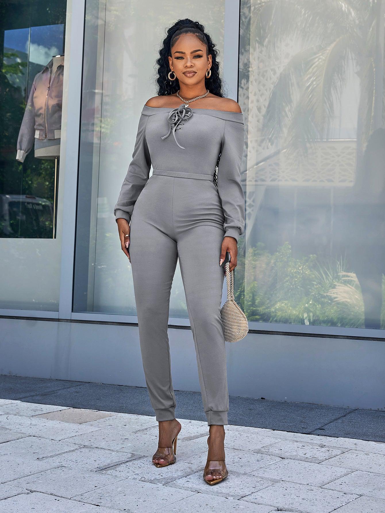 Lace-Up Off-Shoulder Long Sleeve Jumpsuit BLUE ZONE PLANET