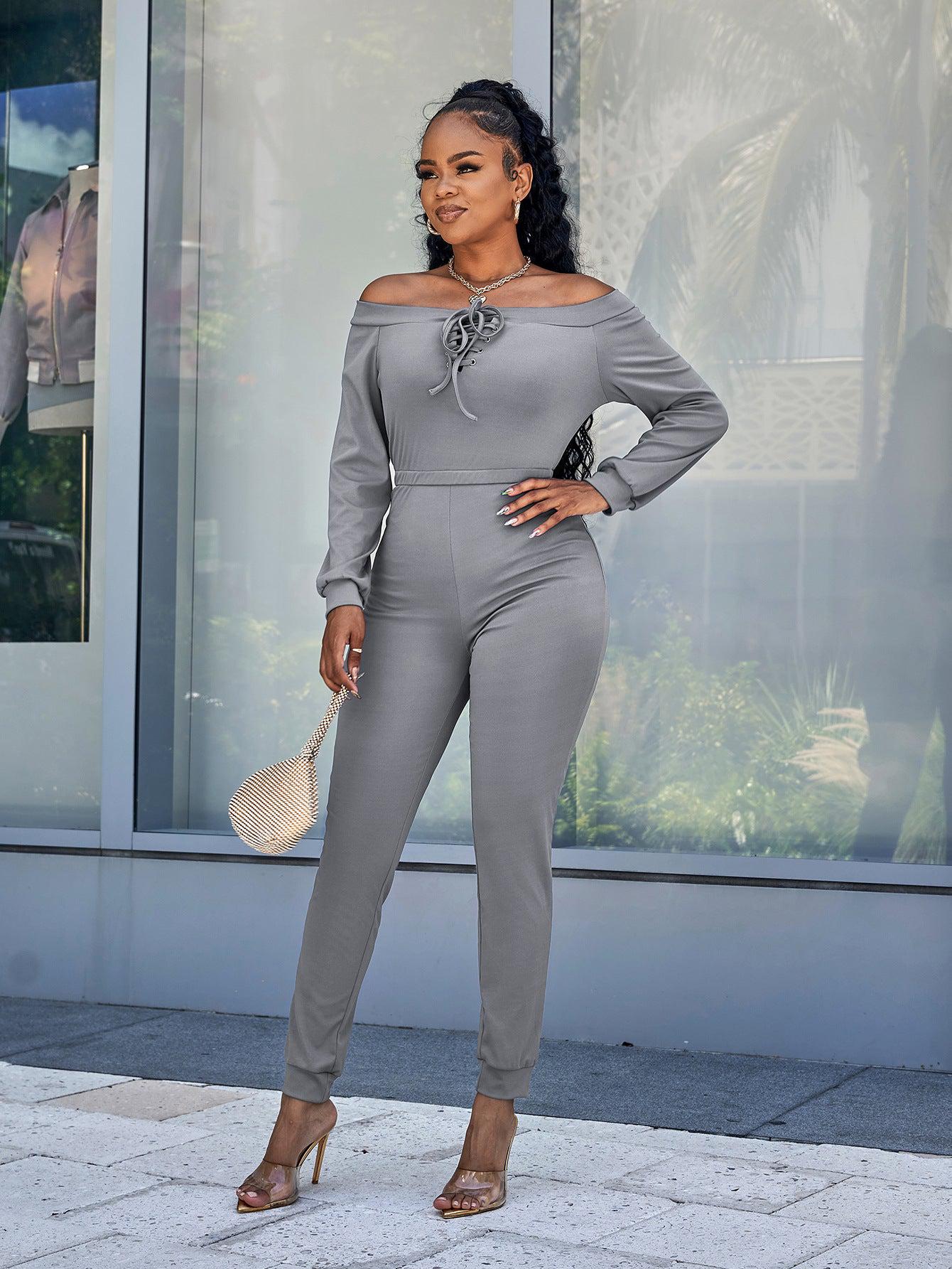 Lace-Up Off-Shoulder Long Sleeve Jumpsuit BLUE ZONE PLANET