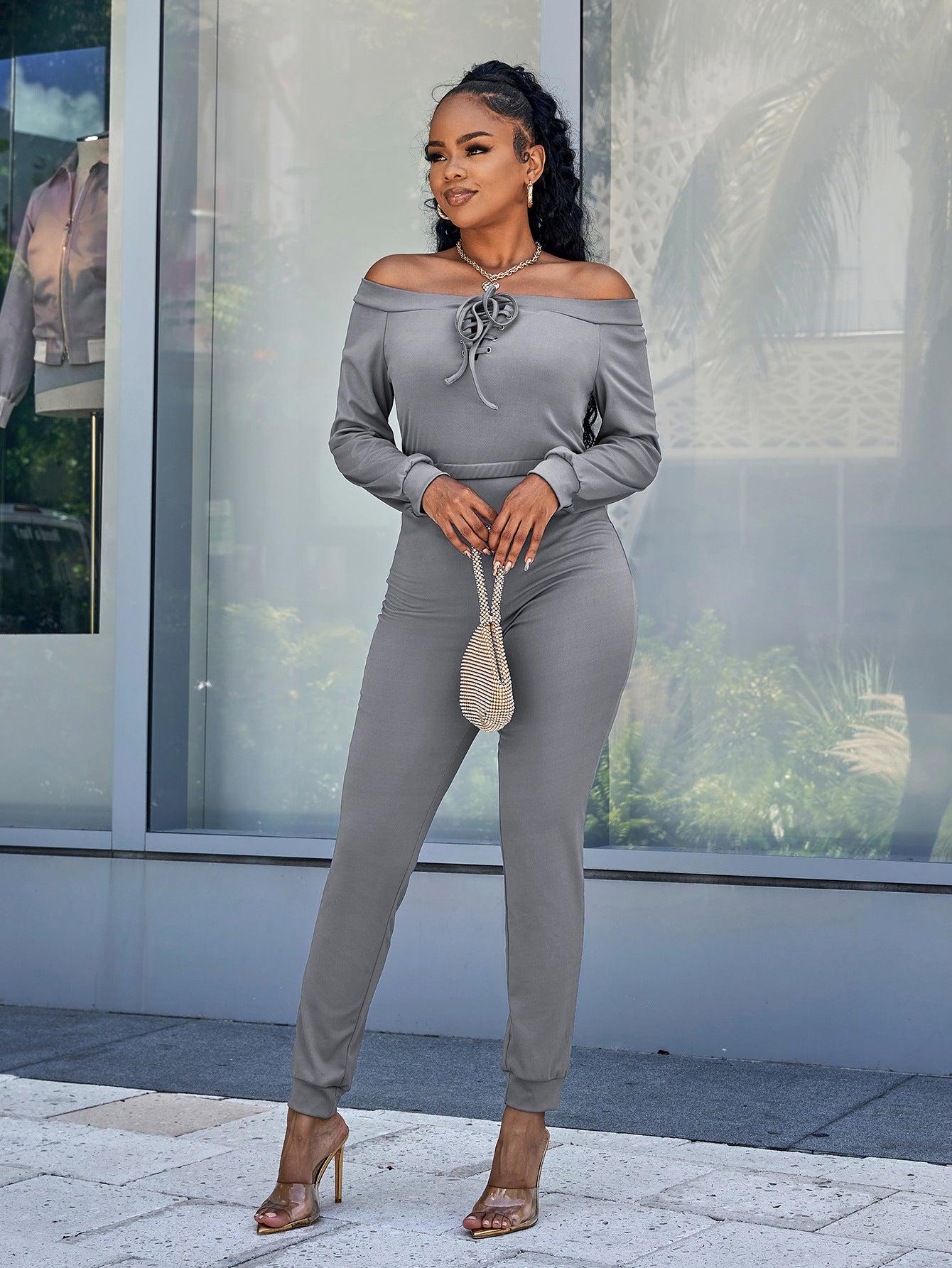 Lace-Up Off-Shoulder Long Sleeve Jumpsuit BLUE ZONE PLANET