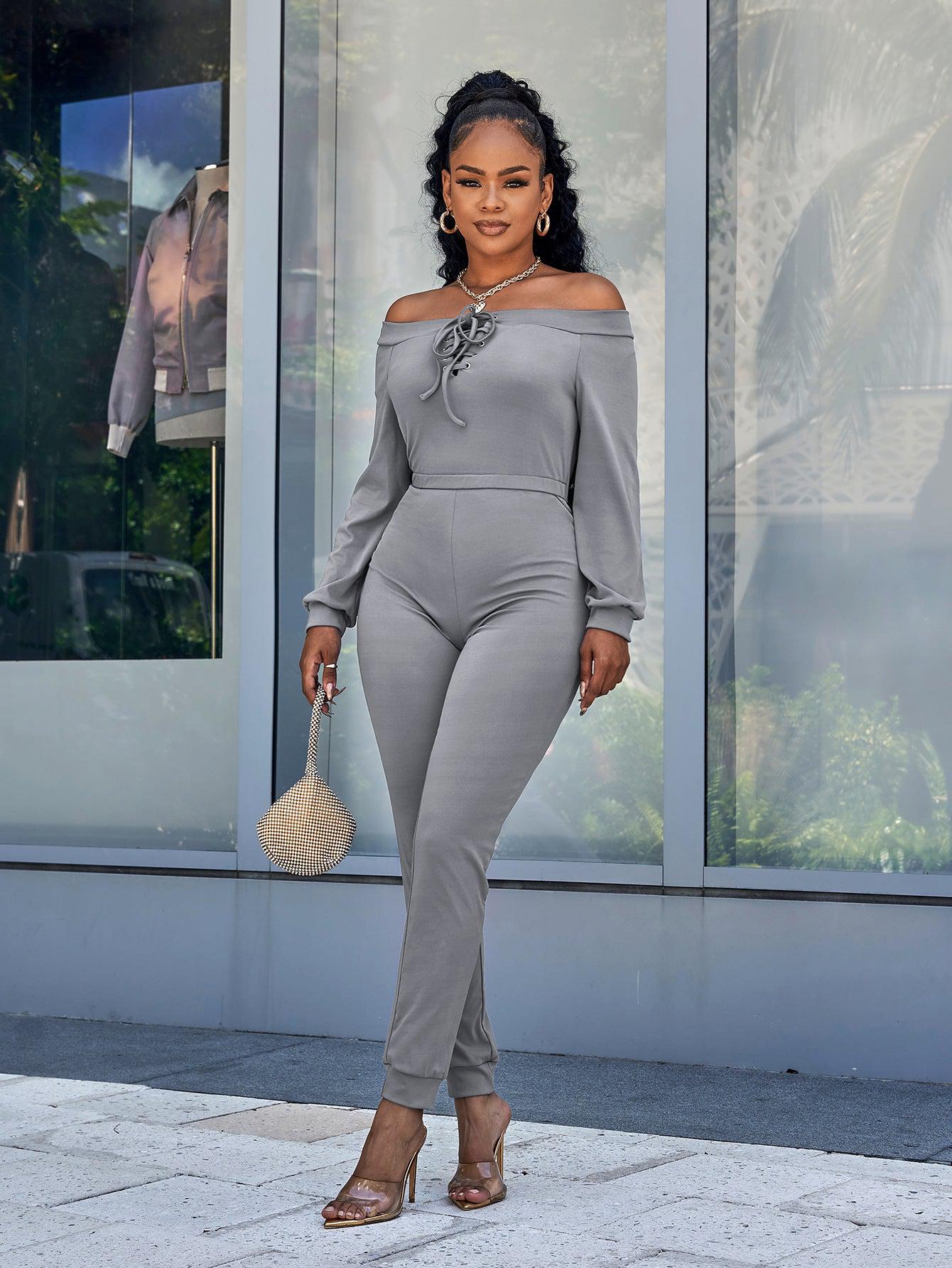 Lace-Up Off-Shoulder Long Sleeve Jumpsuit BLUE ZONE PLANET