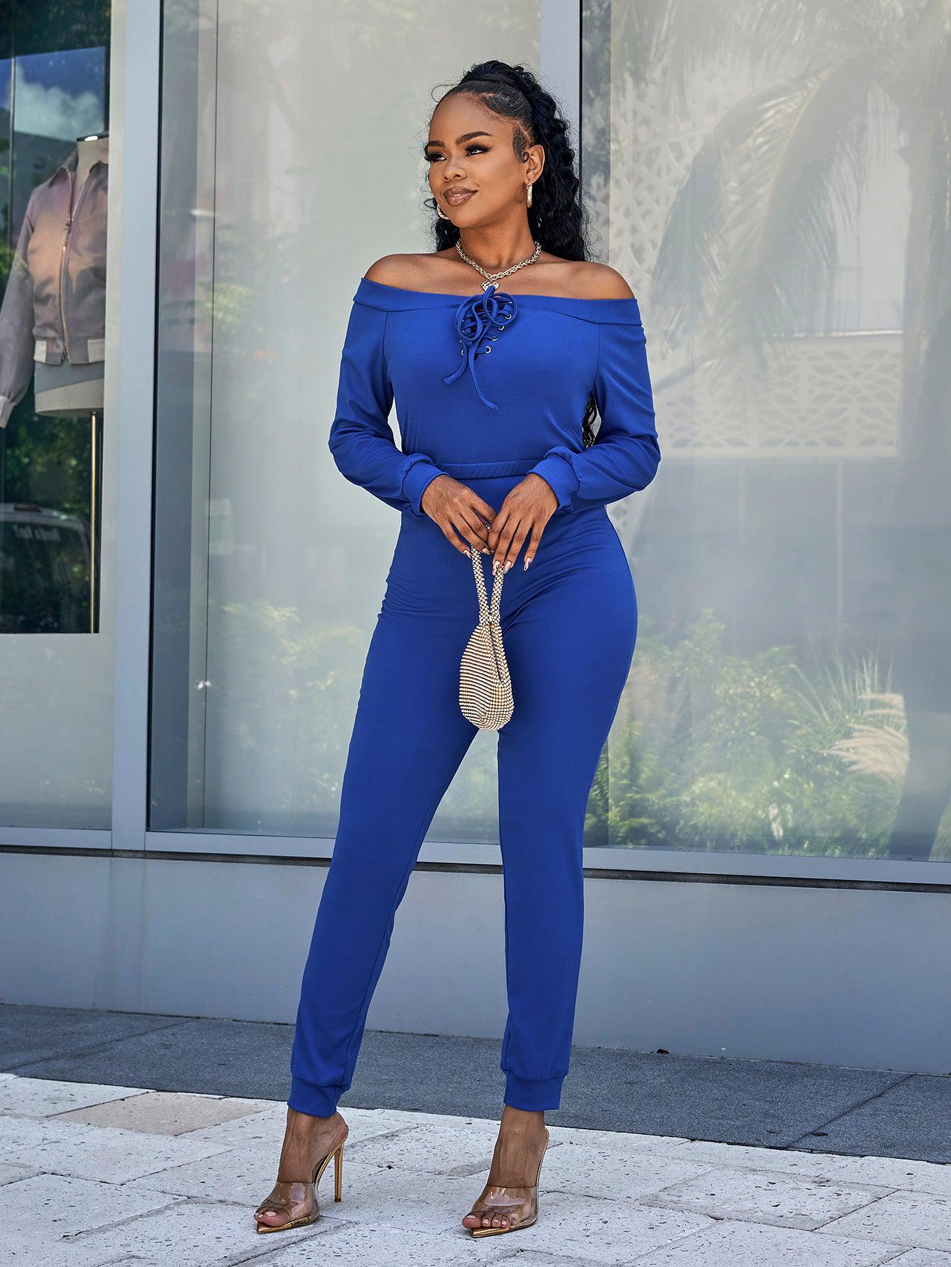 Lace-Up Off-Shoulder Long Sleeve Jumpsuit BLUE ZONE PLANET