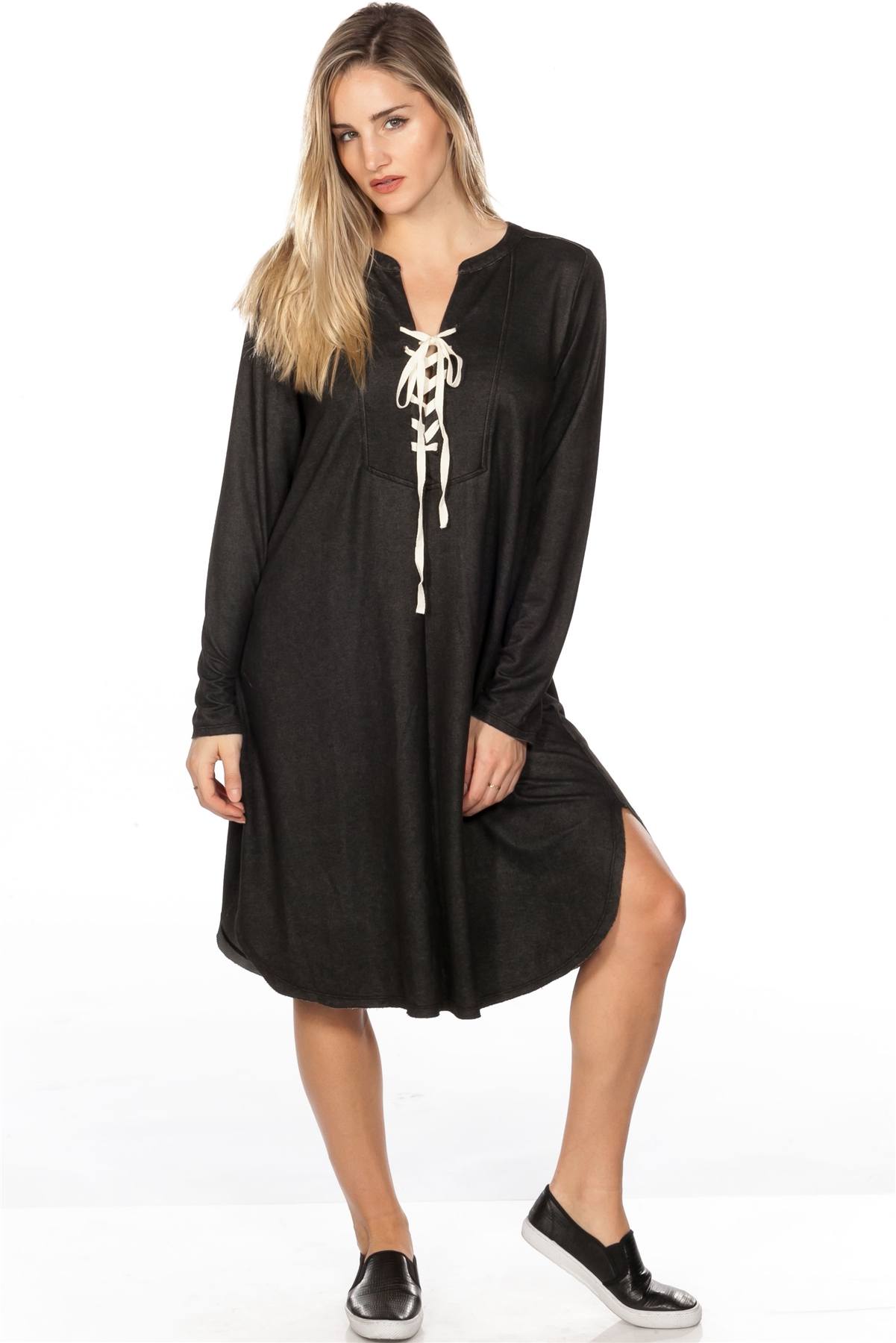 Lace-Up V-Neck Loose Tunic Dress-TOPS / DRESSES-[Adult]-[Female]-Blue Zone Planet