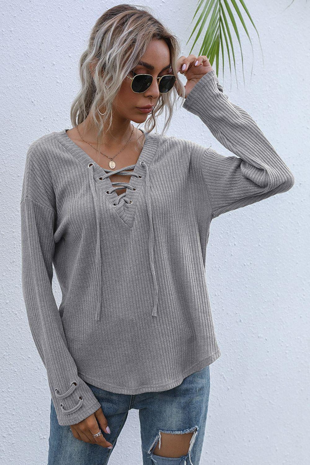 Lace-Up V-Neck Ribbed Top BLUE ZONE PLANET