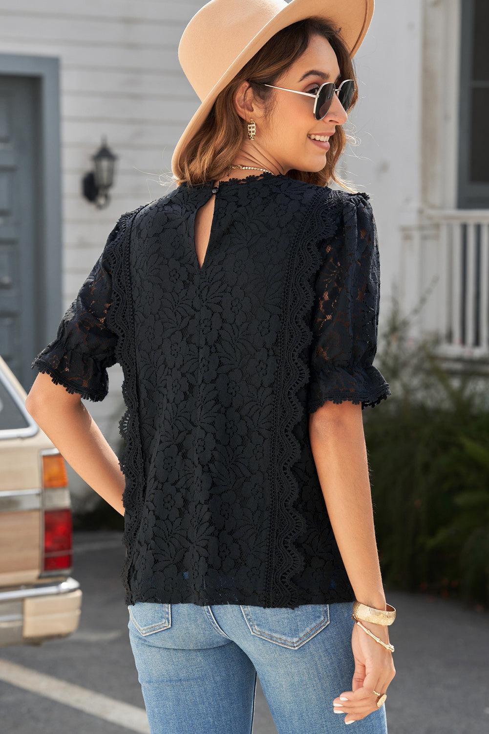 Lace V-Neck Flounce Sleeve Top BLUE ZONE PLANET