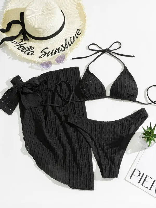 Lace-up textured three-piece bikini BLUE ZONE PLANET