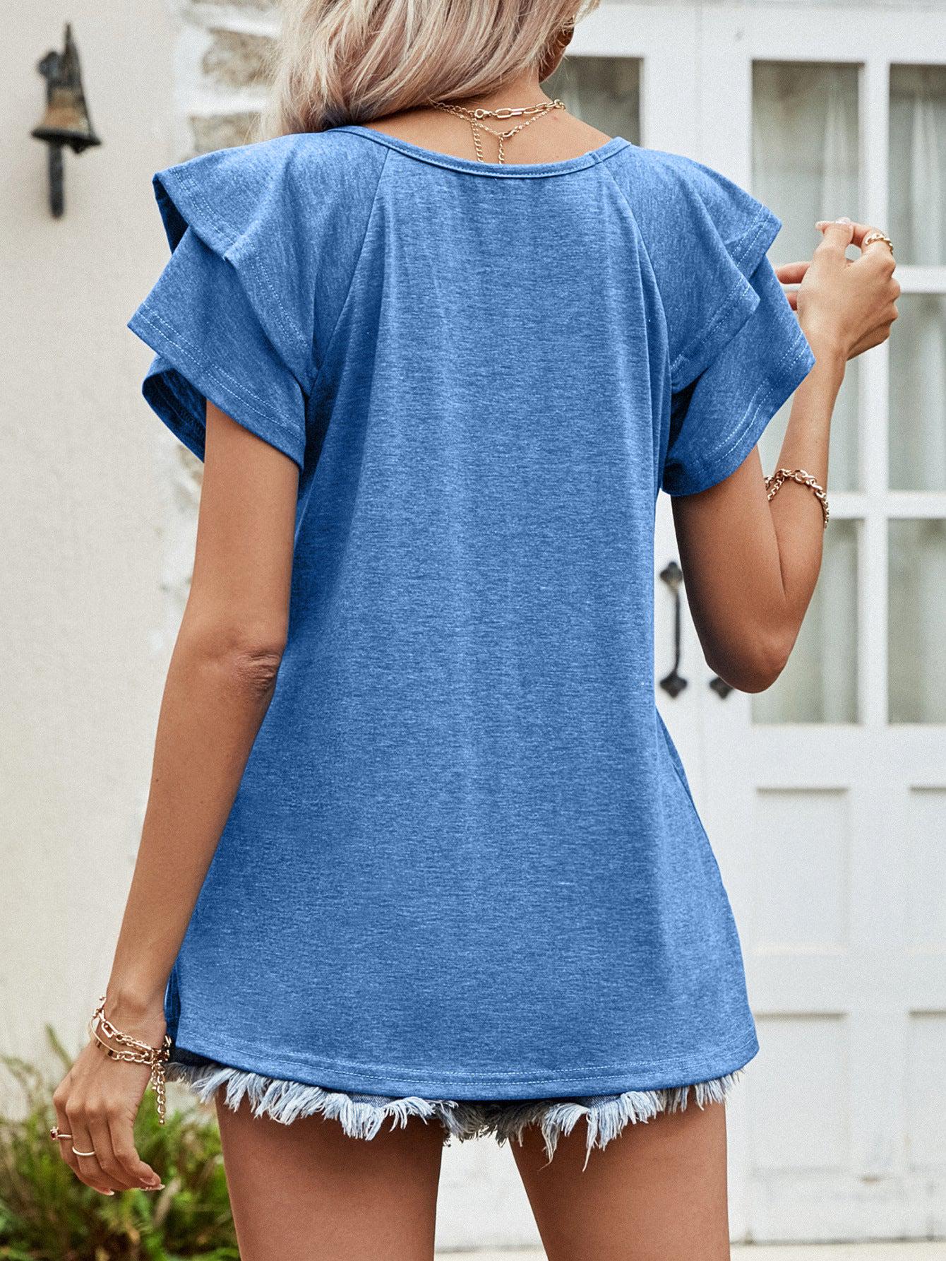 Layered Flutter Sleeve V-Neck Top BLUE ZONE PLANET