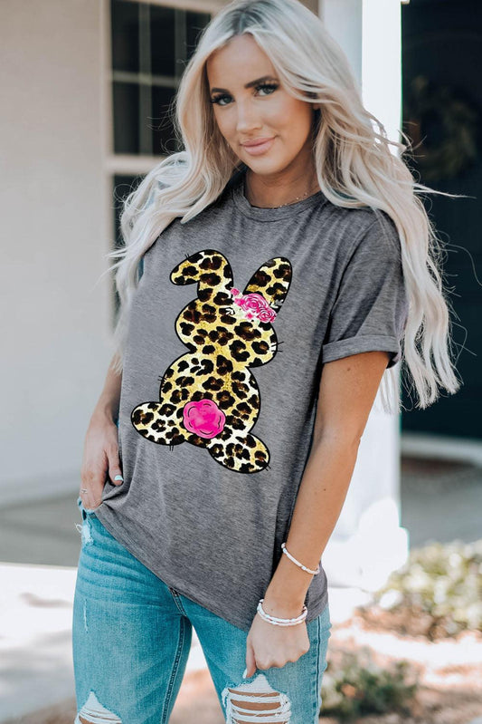 Leopard Bunny Graphic Cuffed Tee Shirt BLUE ZONE PLANET