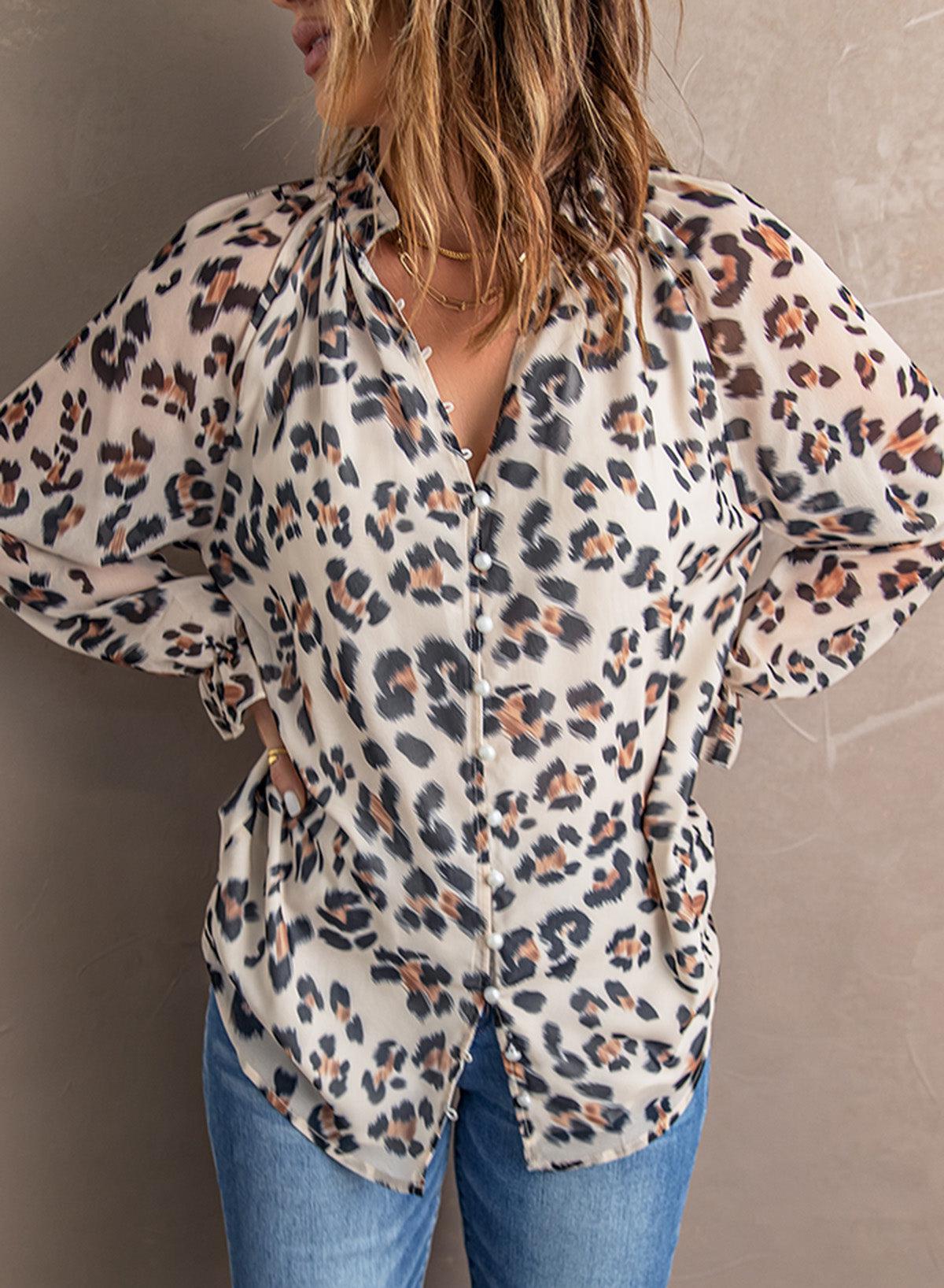 Leopard Button Down Ruched Flounce Sleeve Top-TOPS / DRESSES-[Adult]-[Female]-2022 Online Blue Zone Planet