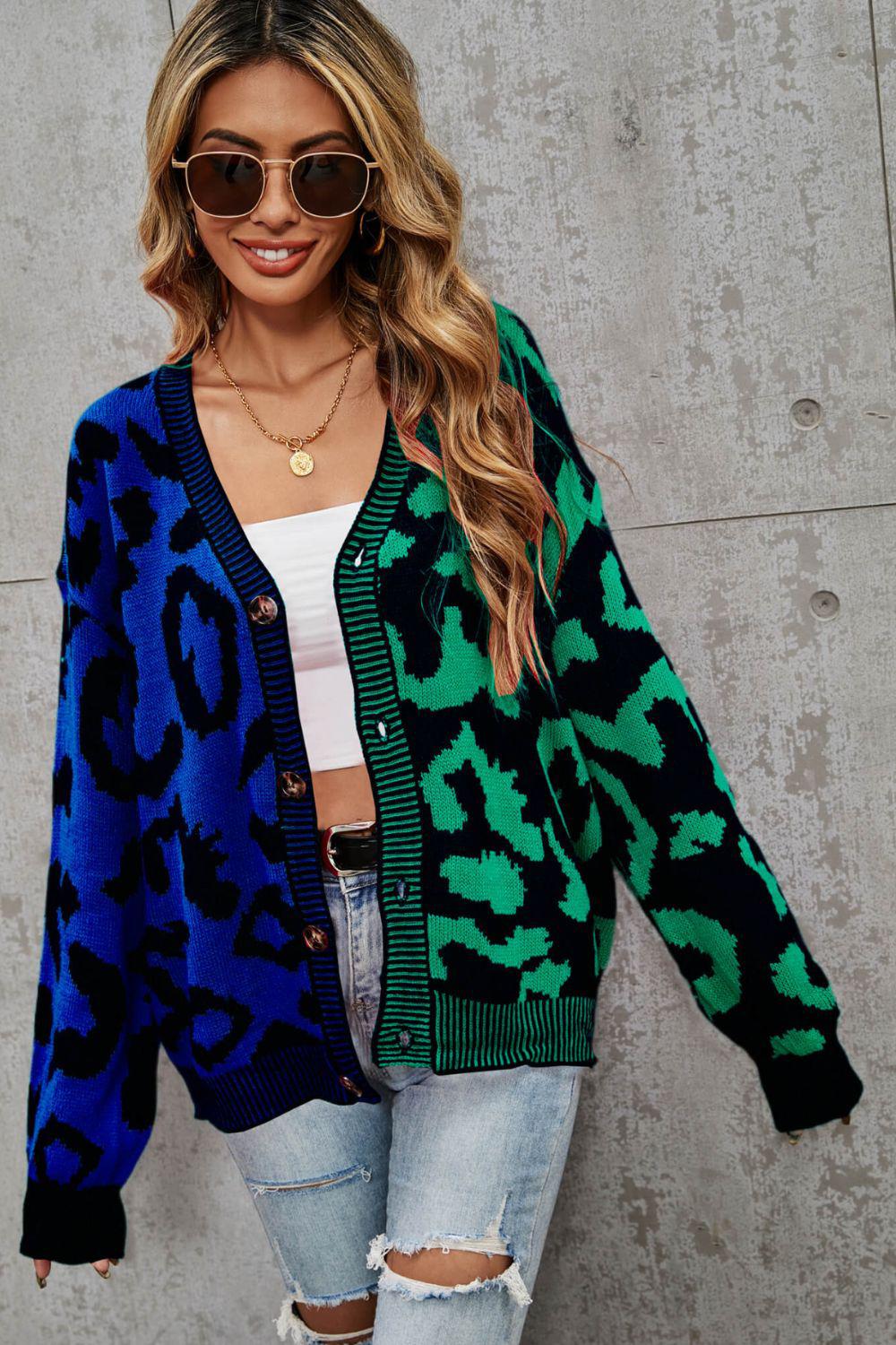 Leopard Button Front Ribbed Trim Cardigan BLUE ZONE PLANET