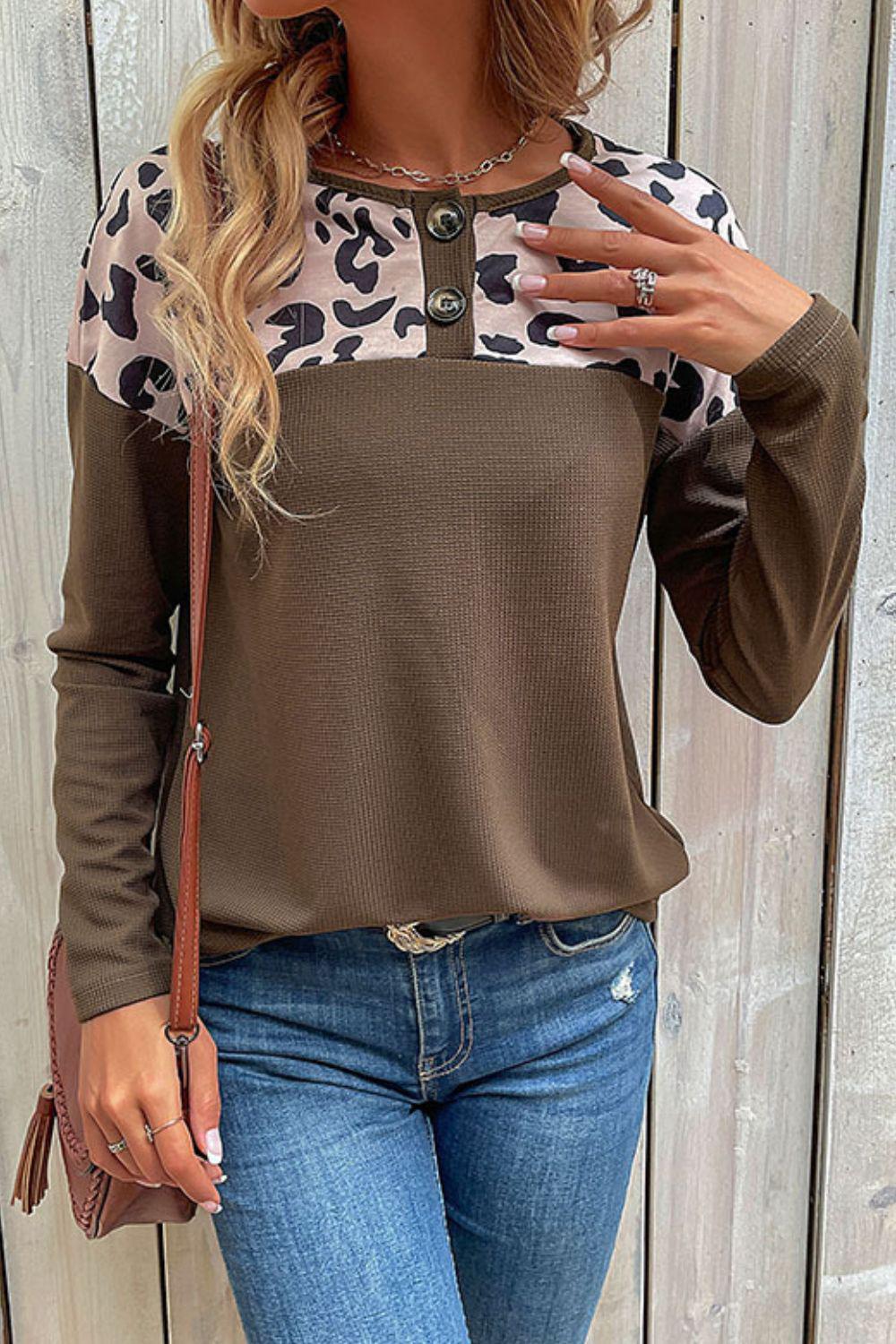 Leopard Buttoned Round Neck Drop Shoulder Top BLUE ZONE PLANET