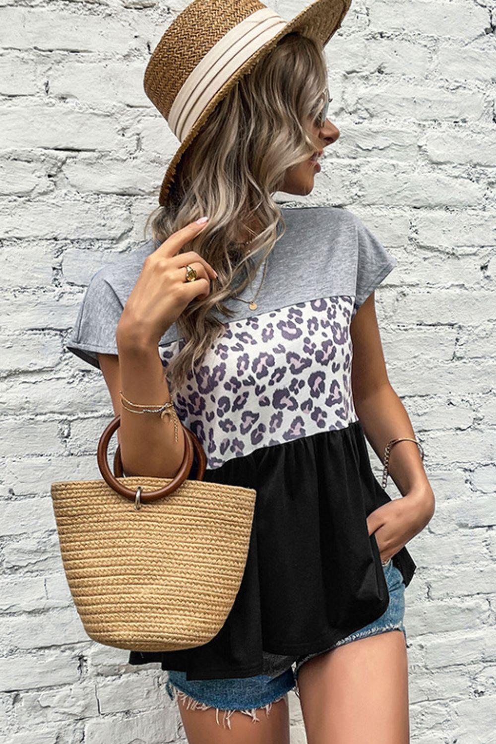 Leopard Color Block Babydoll Tee Shirt-TOPS / DRESSES-[Adult]-[Female]-Blue Zone Planet