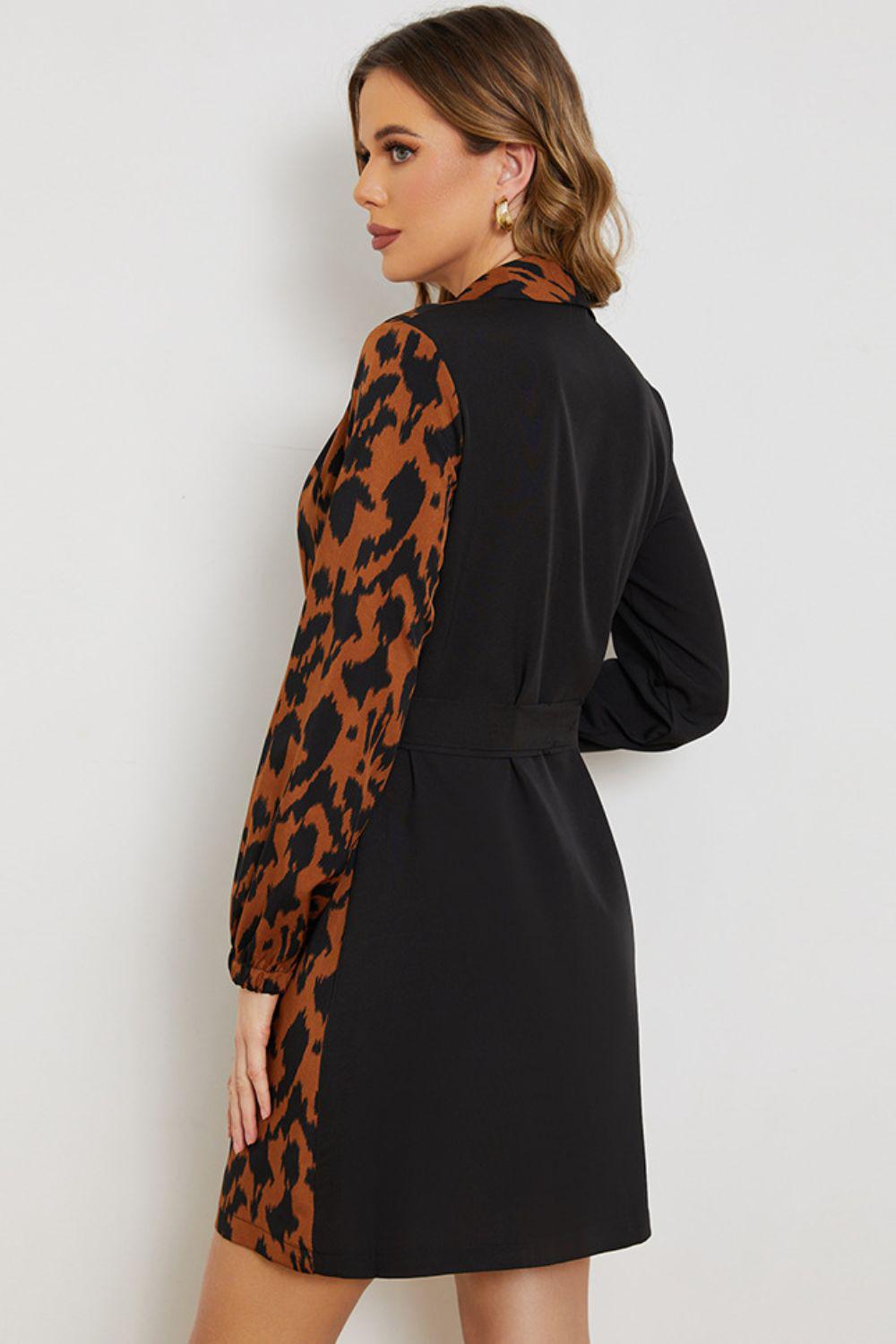 Leopard Color Block Belted Shawl Collar Dress BLUE ZONE PLANET