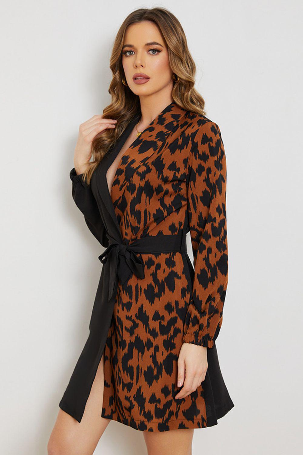 Leopard Color Block Belted Shawl Collar Dress BLUE ZONE PLANET