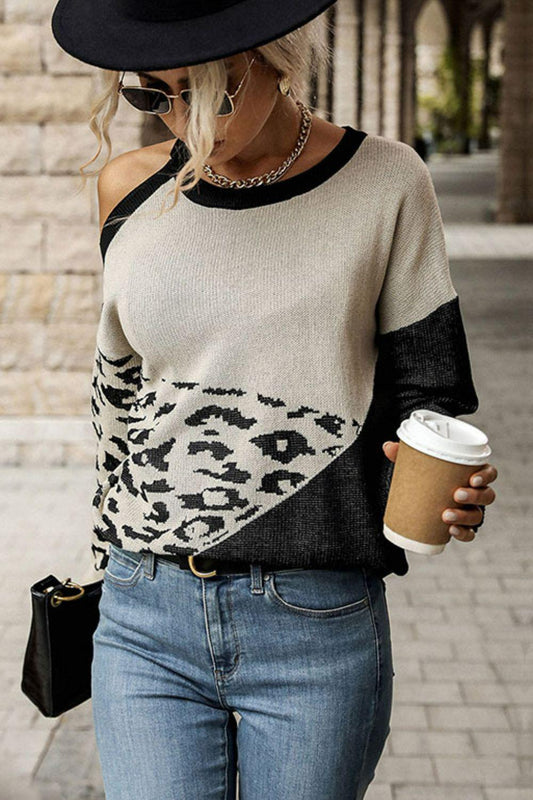 Leopard Color Block Cold-Shoulder Sweater-TOPS / DRESSES-[Adult]-[Female]-Khaki/Black-S-Blue Zone Planet