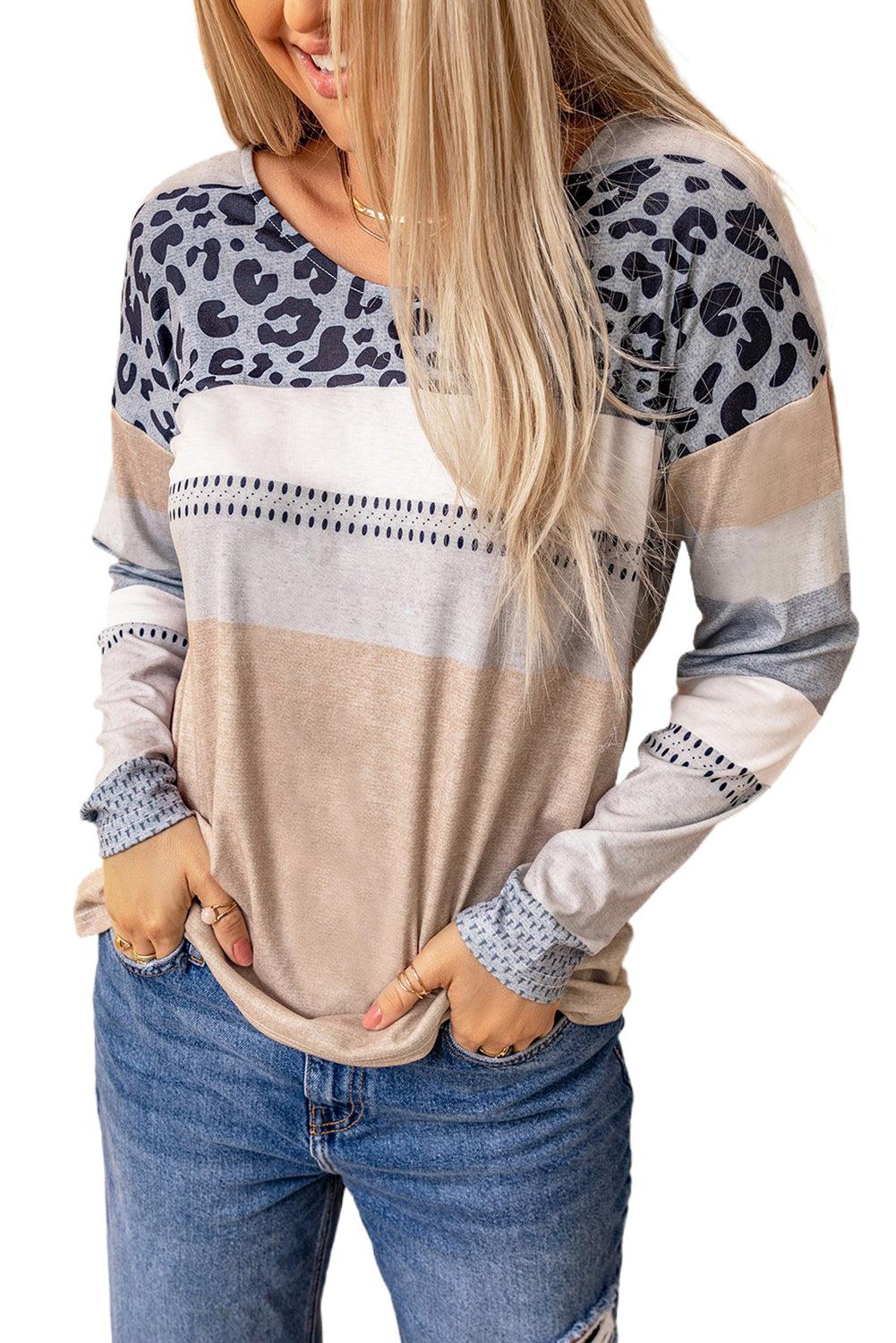 Leopard Color Block Drop Shoulder Top BLUE ZONE PLANET