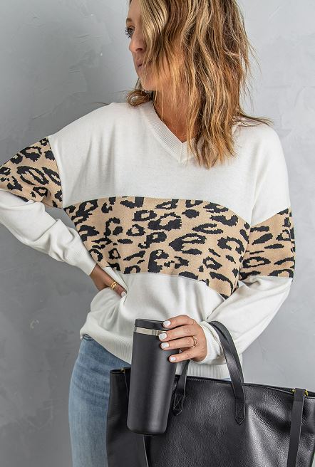 Leopard Color Block Dropped Shoulder Sweater-TOPS / DRESSES-[Adult]-[Female]-White-XL-2022 Online Blue Zone Planet