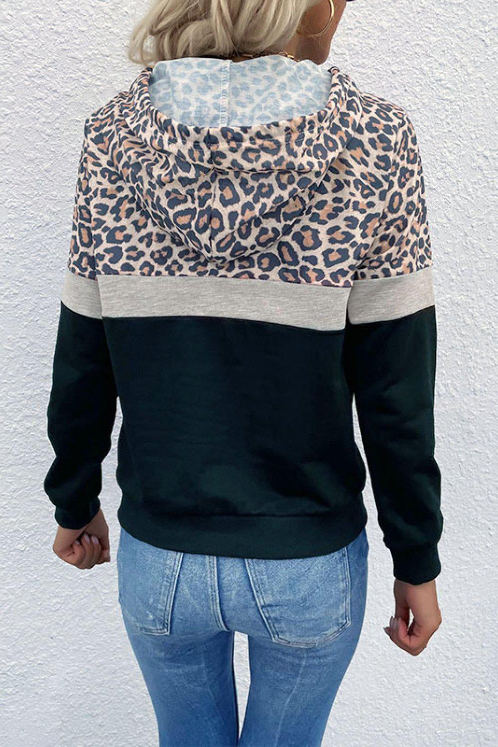 Leopard Color Block Long Sleeve Drawstring Hoodie BLUE ZONE PLANET