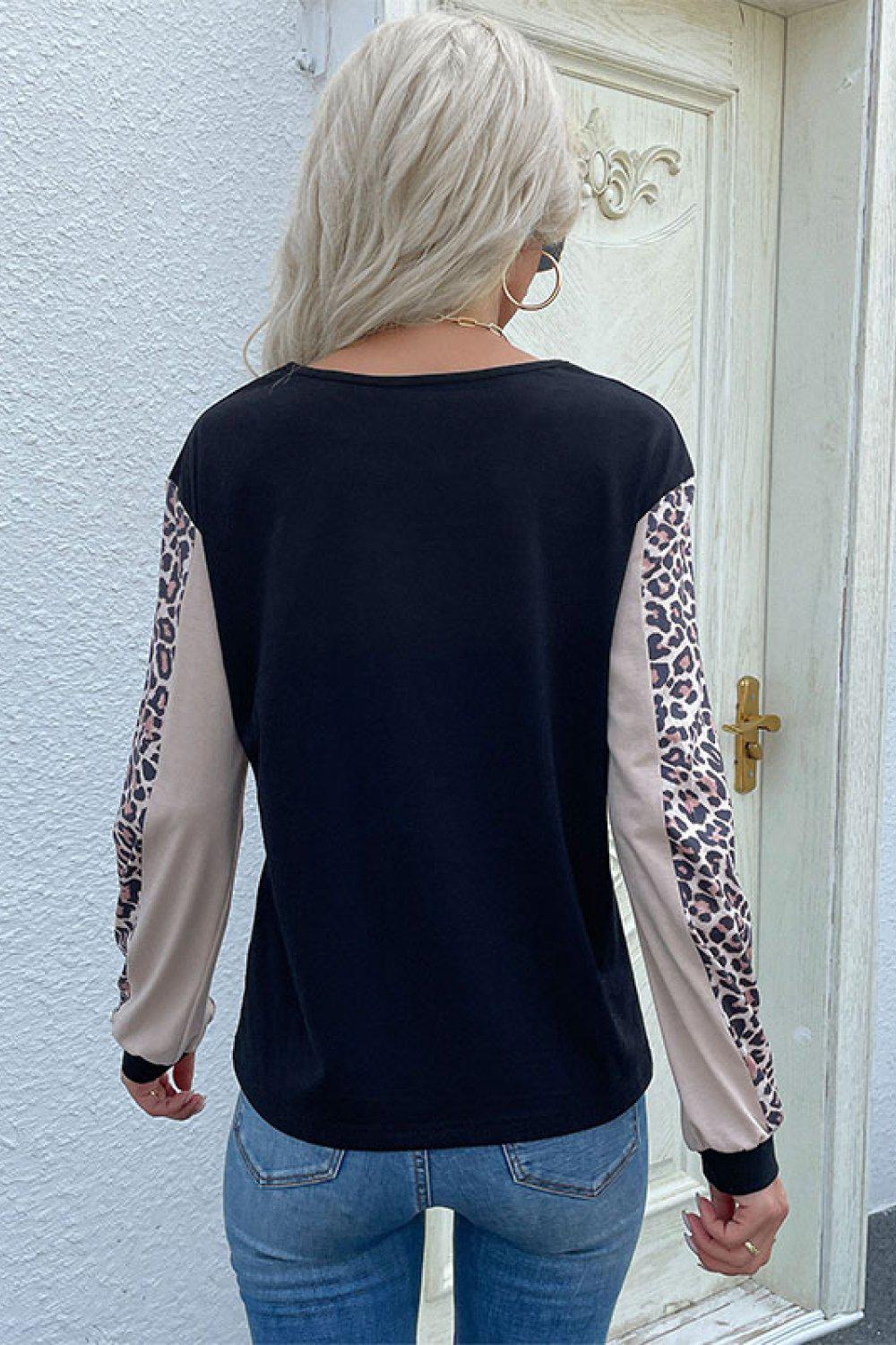 Leopard Color Block Long Sleeve Sweatshirt-TOPS / DRESSES-[Adult]-[Female]-Blue Zone Planet