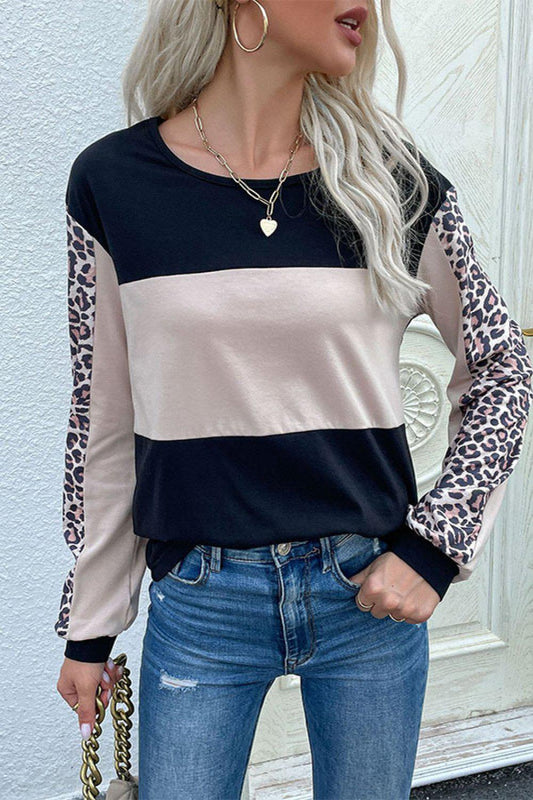 Leopard Color Block Long Sleeve Sweatshirt BLUE ZONE PLANET