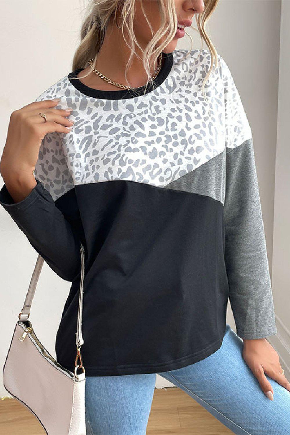 Leopard Color Block Pullover-TOPS / DRESSES-[Adult]-[Female]-Blue Zone Planet