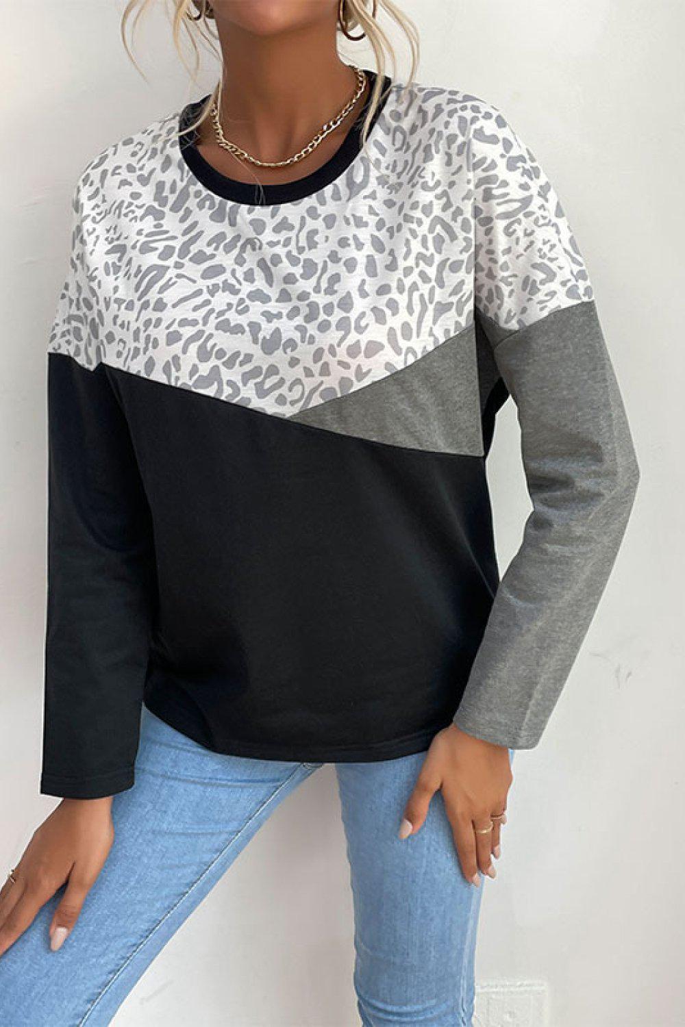 Leopard Color Block Pullover-TOPS / DRESSES-[Adult]-[Female]-Blue Zone Planet