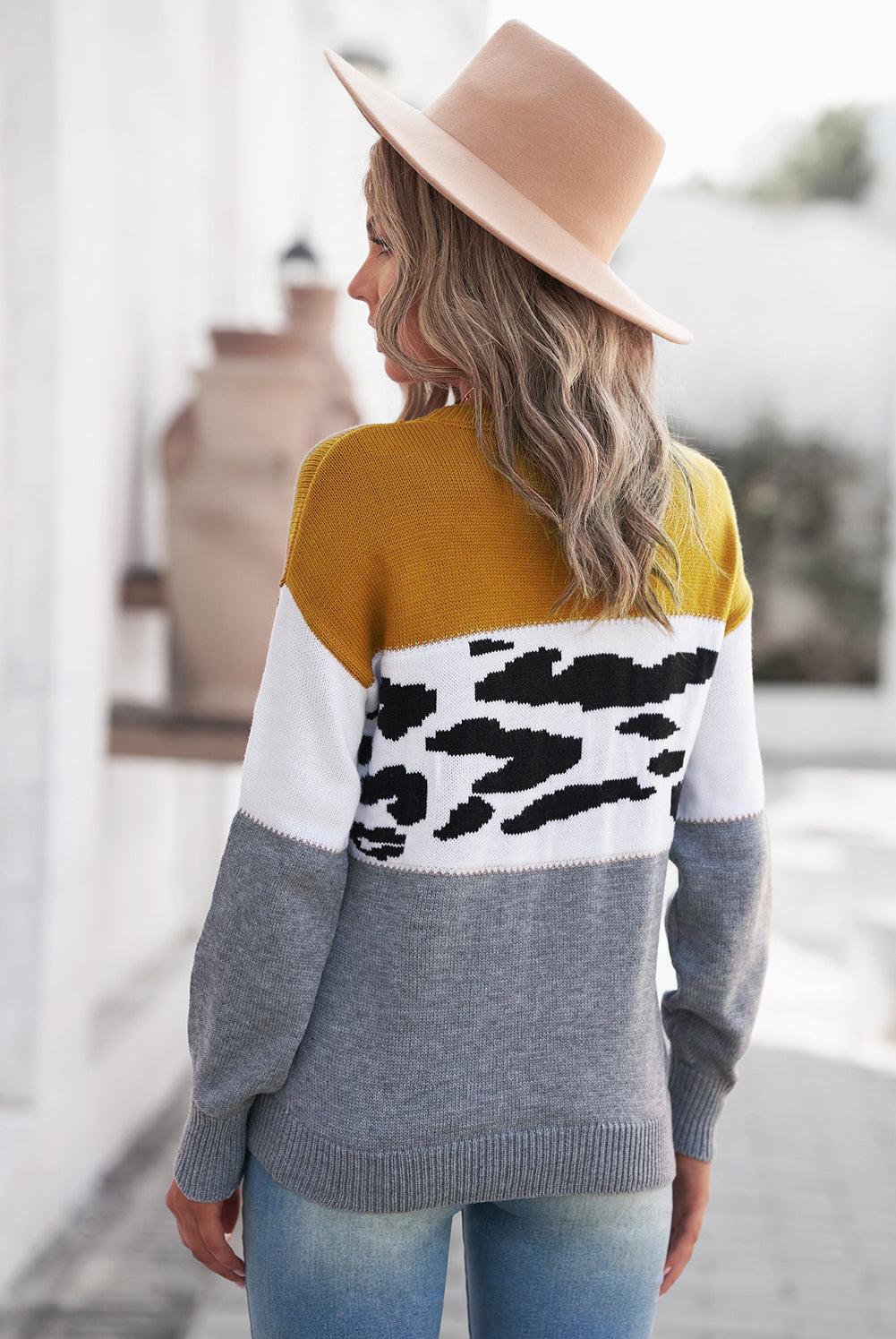 Leopard Color Block Ribbed Trim Dropped Shoulder Sweater-TOPS / DRESSES-[Adult]-[Female]-2022 Online Blue Zone Planet