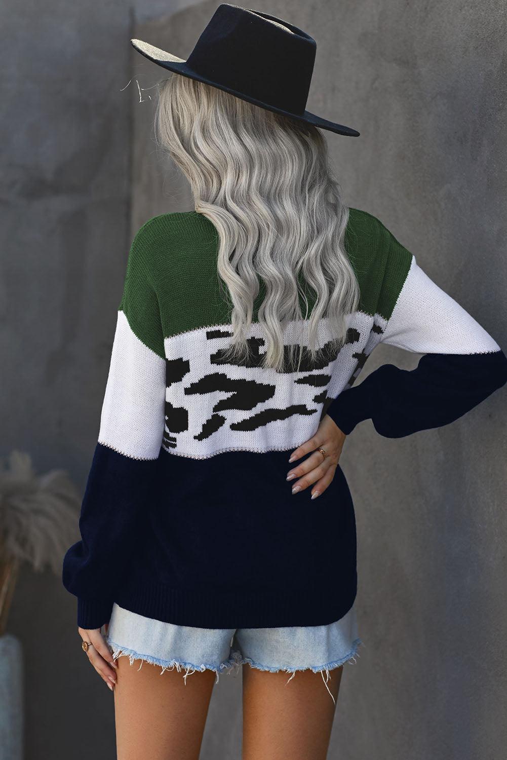 Leopard Color Block Ribbed Trim Dropped Shoulder Sweater BLUE ZONE PLANET