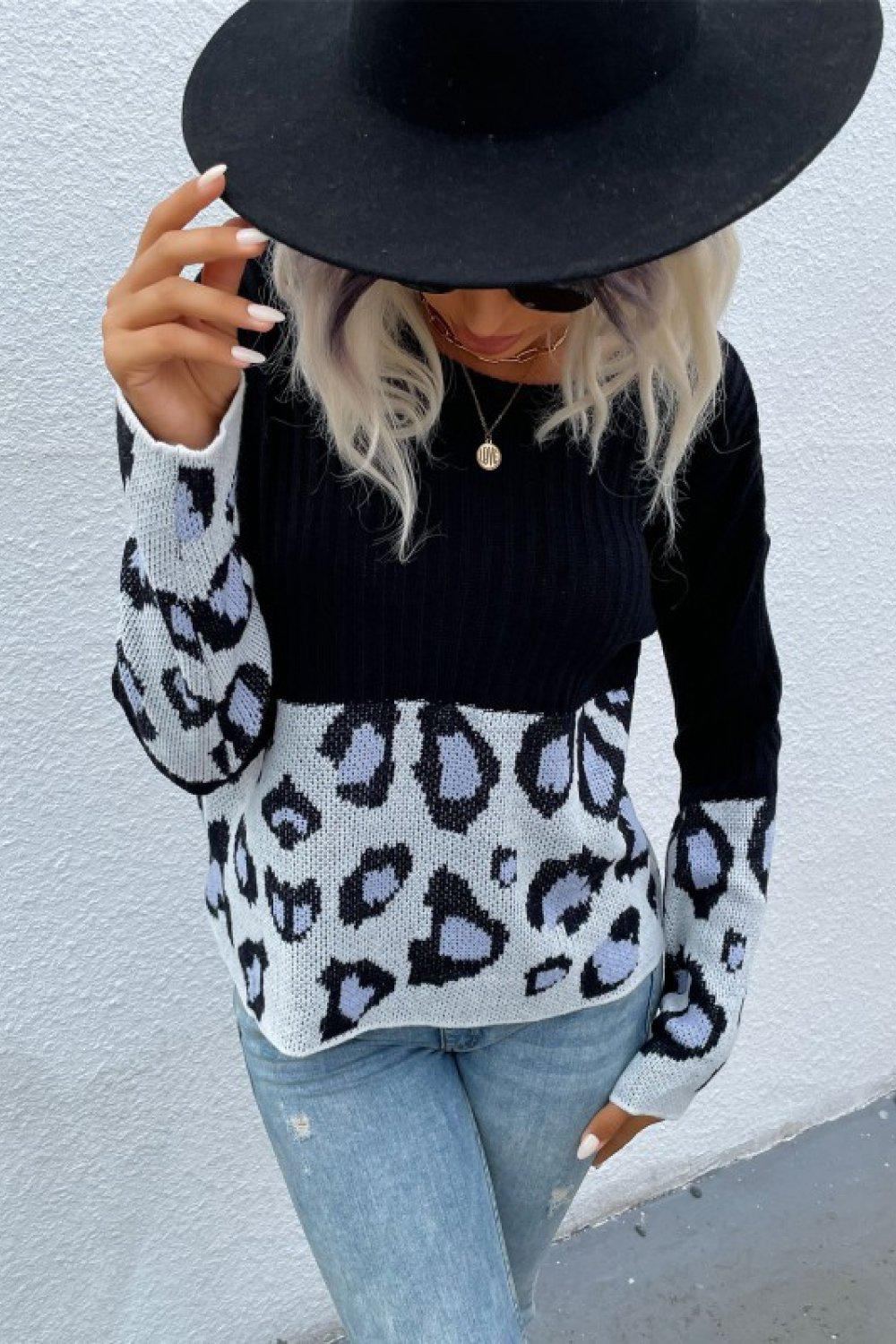 Leopard Color Block Sweater-TOPS / DRESSES-[Adult]-[Female]-Black/Gray-S-Blue Zone Planet