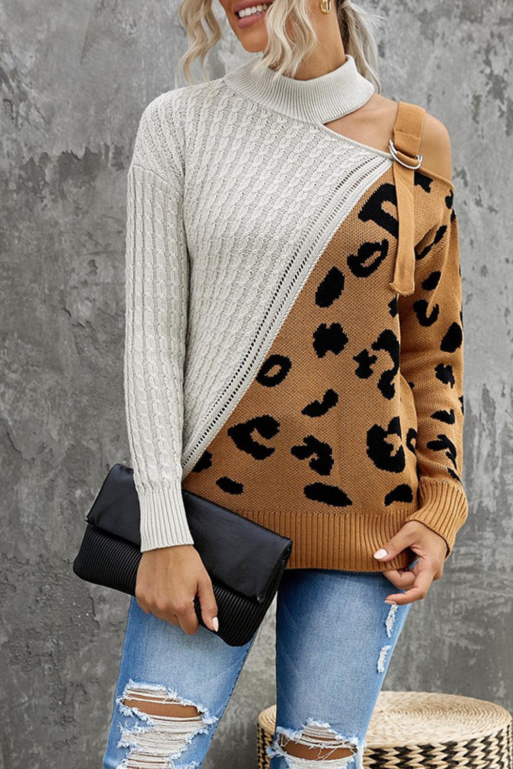 Leopard Color Block Turtleneck Sweater-TOPS / DRESSES-[Adult]-[Female]-White-XL-2022 Online Blue Zone Planet